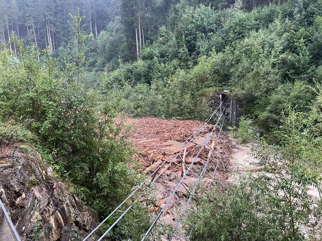 Die Seilsperre in der Rienzschlucht ist mit Wildholz und Material gefüllt und wird derzeit geräumt. (Foto: LPA/Landesamt für Wildbach- und Lawinenverbauung Ost)